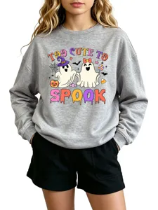 Cute Halloween ghost print crewneck sweatshirt, casual grey long sleeve top for autumn.