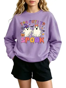 Purple kids sweatshirt with funny cute ghost Halloween print round neck long sleeve top