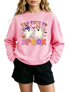 Pink Halloween ghost graphic sweatshirt, casual long sleeve crewneck top for autumn.
