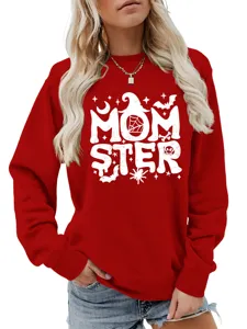 Rotes Damen Langarm Sweatshirt mit Halloween MOM STER Motivprint Freizeit Pullover Oberteil