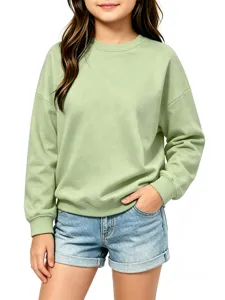 Casual solid color long-sleeve crewneck sweatshirt in sage green close-up detail view.