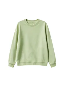 Close-up of kids light green crewneck sweatshirt, featuring ribbed cuffs and hem, plain style.