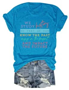 Women casual round neck short sleeve blue t-shirt with inspiring graphic print top for summer.