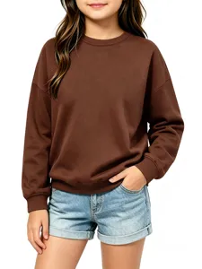 Children solid brown long sleeve crewneck sweatshirt paired with light blue denim shorts daily.