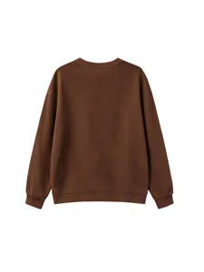 Back view detail of solid brown kids long sleeve sweatshirt, featuring comfortable ribbed trim.
