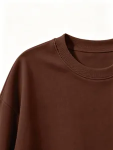 Brown kids sweatshirt detail, long sleeve crewneck solid pullover for autumn and winter.