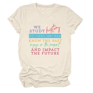 Casual beige short sleeve t-shirt for women with inspirational typography print round neck.