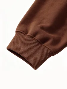 Solid color brown kids sweatshirt sleeve cuff detail, soft fabric, autumn winter daily wear.