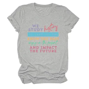 Casual grey short sleeve t-shirt for women with inspirational text print, comfortable basic top.