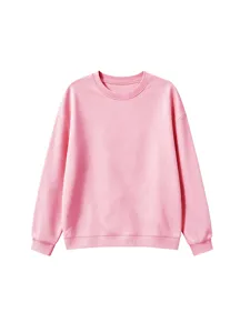 Detailed view of kids solid pink crewneck sweatshirt, featuring soft ribbed cuffs and hem.