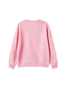 Pink kids crewneck sweatshirt back view detail shot, plain long sleeve casual pullover top.