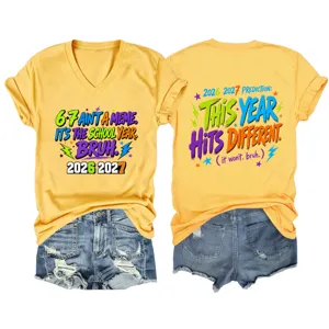 Women casual V-neck short sleeve t-shirt with funny school year print yellow top