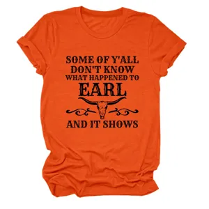 Women's Orange Short Sleeve T-Shirt Casual Round Neck Tee with Funny Letter Print