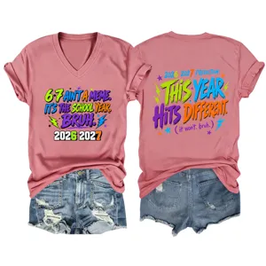 Women casual V-neck short sleeve T-shirt with funny school year graphic print and denim shorts.