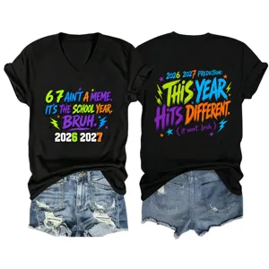 Women's black V-neck short sleeve graphic t-shirt with trendy funny school year print top.