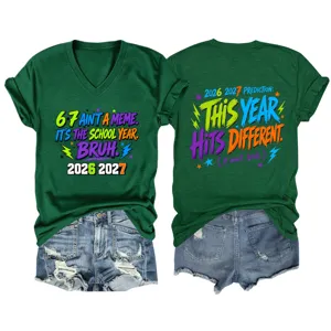 Women's green V-neck short sleeve graphic t-shirt, casual school year tee for daily wear.