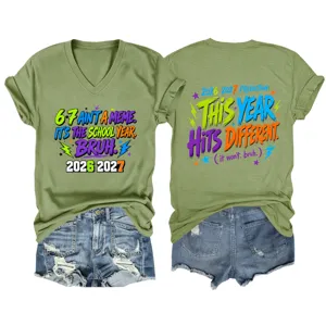 Casual women's V-neck short sleeve graphic t-shirt with funny school year slogan green.