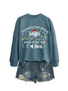 Women christmas letter print long sleeve sweatshirt and denim shorts outfit casual fall wear.