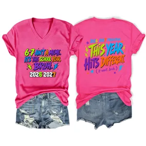Women graphic V-neck short sleeve t-shirt casual summer pink top detail design view.