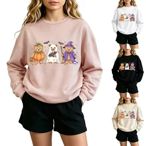 Cute Halloween bear print long sleeve sweatshirt casual pullover top for women daily wear.