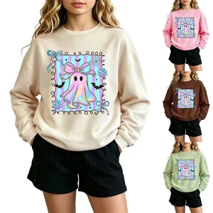Kids casual long sleeve crewneck sweatshirt with cute holographic ghost print in four colors.