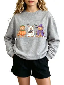 Cute Halloween cartoon bears graphic grey crewneck sweatshirt casual long sleeve pullover top