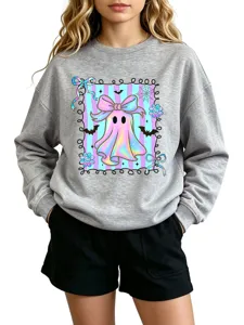 Grey cute ghost graphic crewneck sweatshirt, casual autumn long sleeve pullover top for kids.