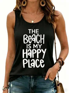 Dames zwart tanktop met letterprint, casual mouwloos zomertop geschikt voor een stranddag