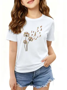 Παιδικό λευκό t-shirt με στρογγυλή λαιμόκοψη και χαριτωμένο σχέδιο κουτάβι πικραλίδα για το καλοκαίρι