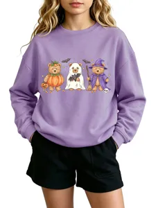 Cute Halloween cartoon bears print purple crewneck sweatshirt casual long sleeve top for women