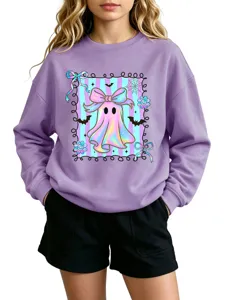 Cute ghost graphic children long sleeve sweatshirt in light purple for autumn daily wear.