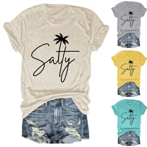 Women casual short sleeve t-shirt summer round neck Salty palm tree graphic top tee