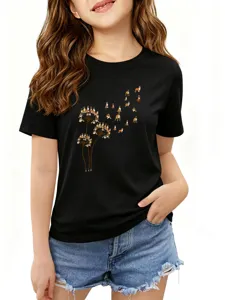 Μαύρο κονtομάνικο t-shirt με χαριτωμένο τύπωμα κουτάβι πικραλίδας για γυναίκες και καθημερινή χρήση.