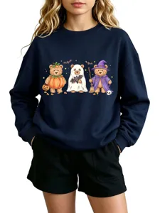 Dark blue long sleeve crewneck sweatshirt featuring cute Halloween three bears cartoon print for women.