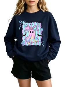 Casual stylish dark blue holographic ghost bow sweatshirt for women autumn winter wear.