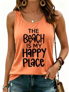Dames casual mouwloze tanktop met schattige strand letterprint, comfortabele zomertop.