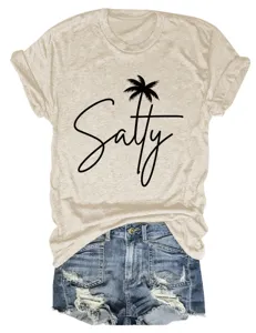 Casual women short sleeve t-shirt with salty palm tree print detail and denim shorts.