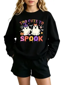 Halloween ghost graphic black crewneck sweatshirt cozy autumn casual pullover top for women