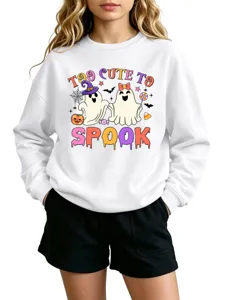 Kids Halloween cute ghost print white sweatshirt long sleeve pullover fall casual top