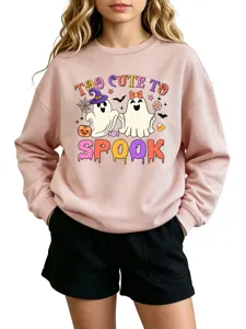 Cute Halloween ghost printed pink long sleeve crewneck sweatshirt for women daily casual wear autumn.