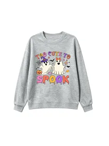 Grey kids sweatshirt featuring cute Halloween ghost graphic print and festive seasonal lettering.