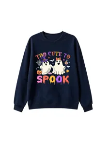 Kids Halloween ghost sweatshirt detail, cute graphic print crewneck top, cozy autumn winter apparel.