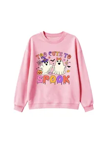 Detailed view of the cute Halloween ghost printed pink sweatshirt, cozy and stylish fabric.