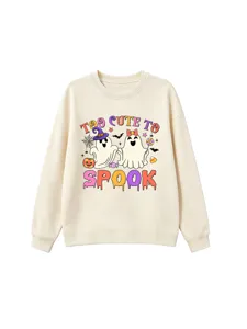 Cute Halloween ghost print kids sweatshirt, casual beige long sleeve crewneck top for autumn.
