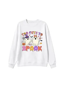 Detail view of the cute Halloween ghost graphic print on a soft white kids sweatshirt.