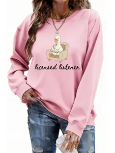 Women casual cute duck graphic sweatshirt long sleeve pink pullover top detail view