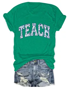 Vrouwen Casual Groene Korte Mouw T-Shirt Blauwe Bloemen Teach Letter Print Denim Shorts