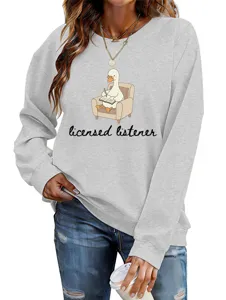 Casual cute duck print crewneck sweatshirt for women, comfortable long sleeve gray top.
