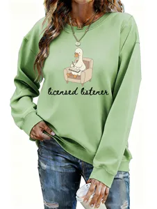 Women casual green sweatshirt featuring a cute reading duck graphic and licensed listener print.
