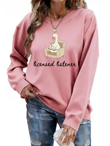 Casual cute duck graphic crewneck long sleeve pullover pink sweatshirt stylish detail view.